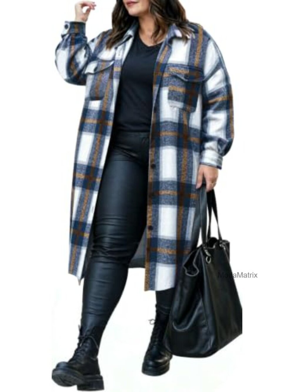 Plus Size Flannel Plaid Button Down Shacket Midi Knee Length Oversized
